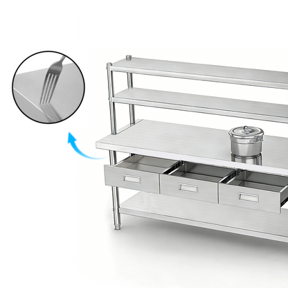 Custom Stainless Steel Worktable Station | 3 Drawers & Multi-Tier Over-shelf | Full Knock-Down Design