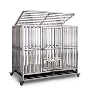 Mobile animal cage with hinged top panels and front access doors