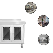 Commercial prep cabinet with transparent doors and internal shelves