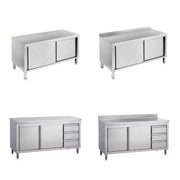 Welded stainless steel prep cabinet with left or right drawer layout for commercial kitchens