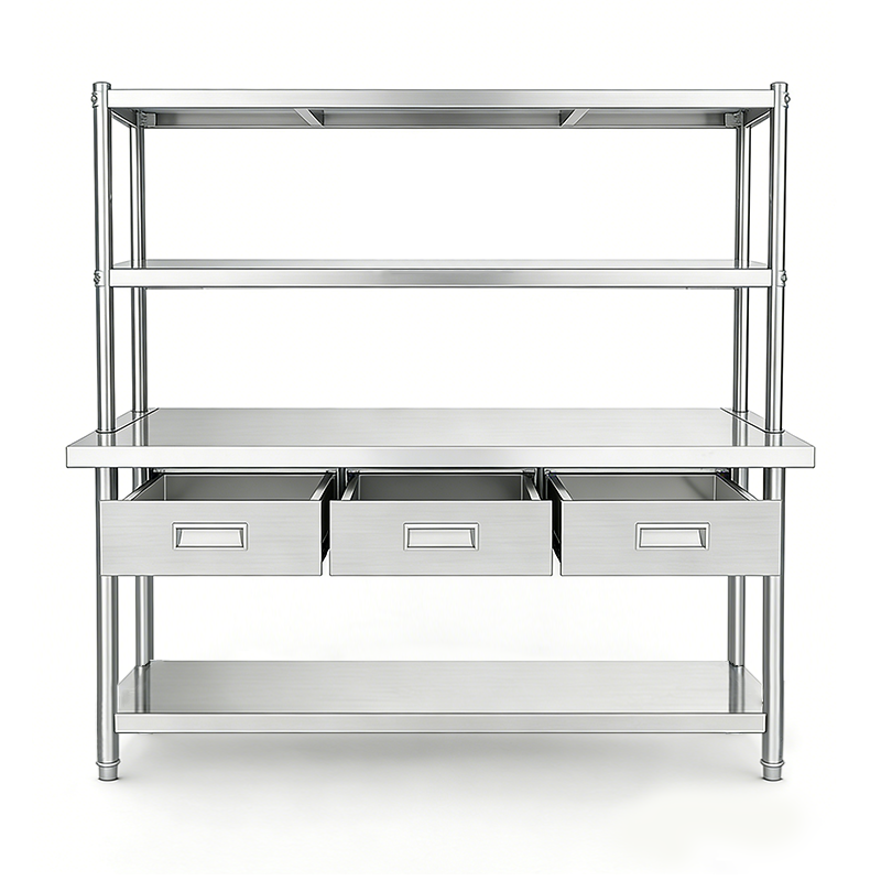 SENFON stainless steel worktable with three drawers and multi-tier over-shelf