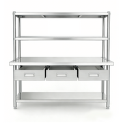 SENFON stainless steel worktable with three drawers and multi-tier over-shelf