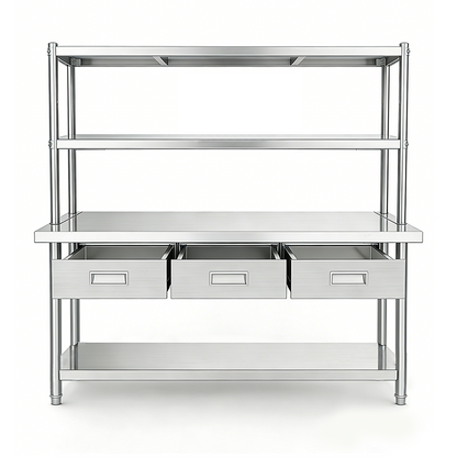 Custom Stainless Steel Worktable Station | 3 Drawers & Multi-Tier Over-shelf | Full Knock-Down Design
