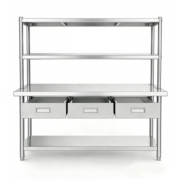 SENFON stainless steel worktable with three drawers and multi-tier over-shelf