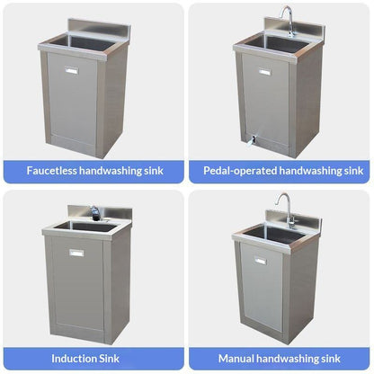 Compact Stainless Steel Sink Cabinet | Hands-Free Foot-Operated Water Flow | Integrated Storage