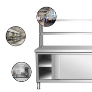 Sliding-door commercial prep cabinet with upper storage shelves