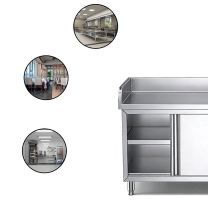 Customizable Stainless Steel Work Cabinet | 3-Sided Backsplash | Full Knock-Down Design for Low Shipping | Sliding Doors & Internal Shelf