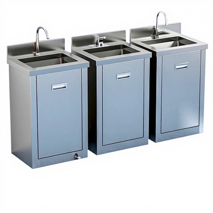 Compact Stainless Steel Sink Cabinet | Hands-Free Foot-Operated Water Flow | Integrated Storage