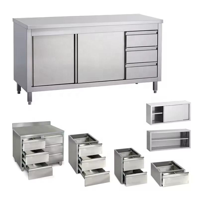 Heavy-Duty Stainless Steel Work Cabinet with 3 Drawers & Sliding Doors