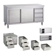 Stainless steel work cabinet with sliding-door storage and three-drawer tool organization