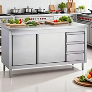 Heavy-duty stainless steel work cabinet with drawers, internal shelf and adjustable bullet feet