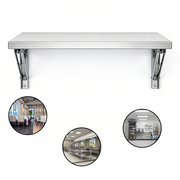 Stainless steel wall shelf folded into the stowed position