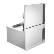 Side view of stainless steel hand sink with knee control housing