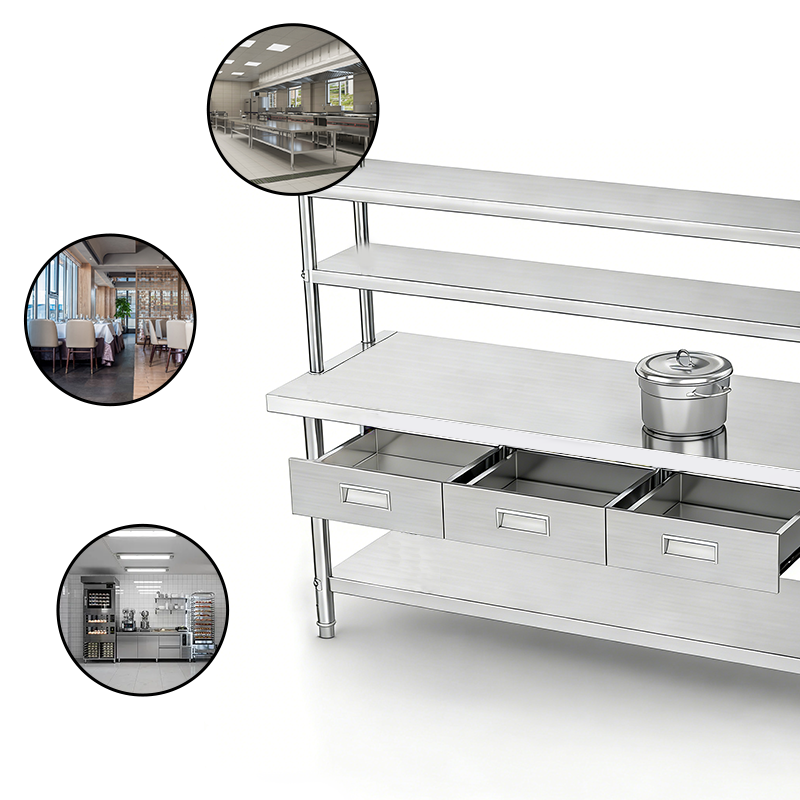 Custom Stainless Steel Worktable Station | 3 Drawers & Multi-Tier Over-shelf | Full Knock-Down Design