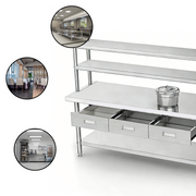 Commercial prep workstation with drawer bank and upper shelves