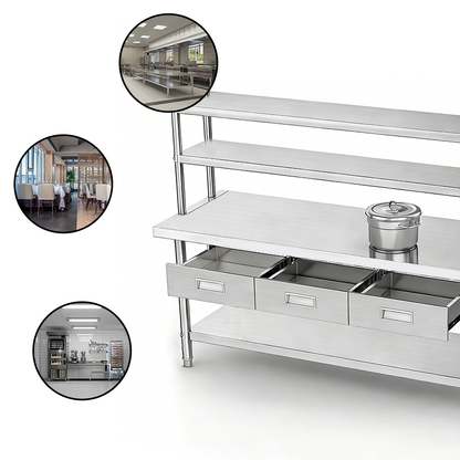 Custom Stainless Steel Worktable Station | 3 Drawers & Multi-Tier Over-shelf | Full Knock-Down Design