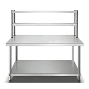 Knock-down stainless steel prep station with multi-tier over-shelf