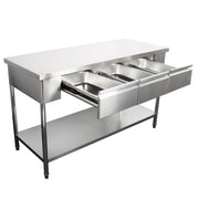 Stainless steel prep station with pull-out waste bin holders