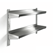 Two-tier wall-mounted stainless steel shelf with backsplash for commercial kitchens