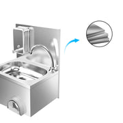Knee-operated sink with high back panel and accessory mounts