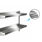 Stainless steel track system wall shelf for plates, bottles and kitchen tool storage