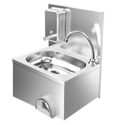 Wall-Mounted Stainless Steel Knee-Operated Sink | Touchless Hand Wash Station with Soap & Paper Dispenser