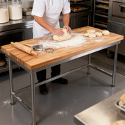 Stainless steel frame bakery table with wooden top for pastry, bread and pizza preparation