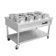Mobile warmer table with multiple round lidded food pots