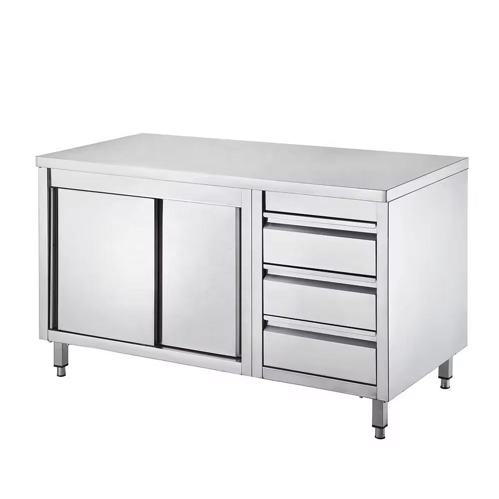 SENFON commercial stainless steel work cabinet with three drawers and sliding doors