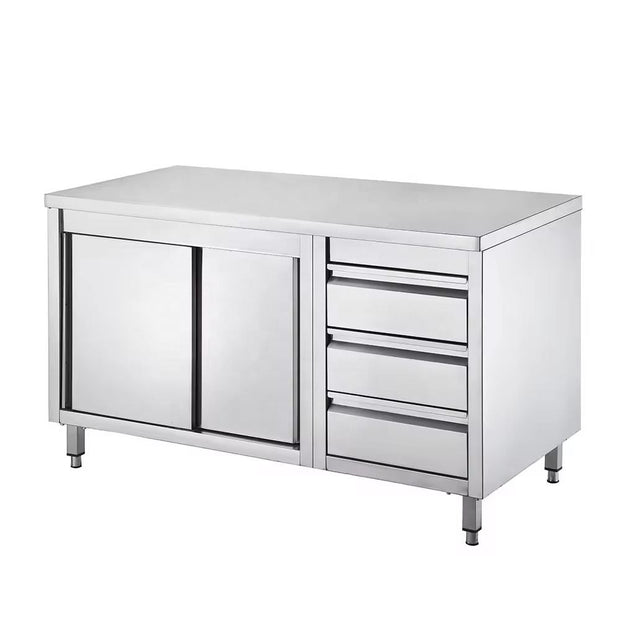 SENFON commercial stainless steel work cabinet with three drawers and sliding doors