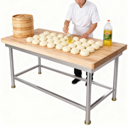 Commercial wooden top prep table with optional casters for bakery and foodservice projects