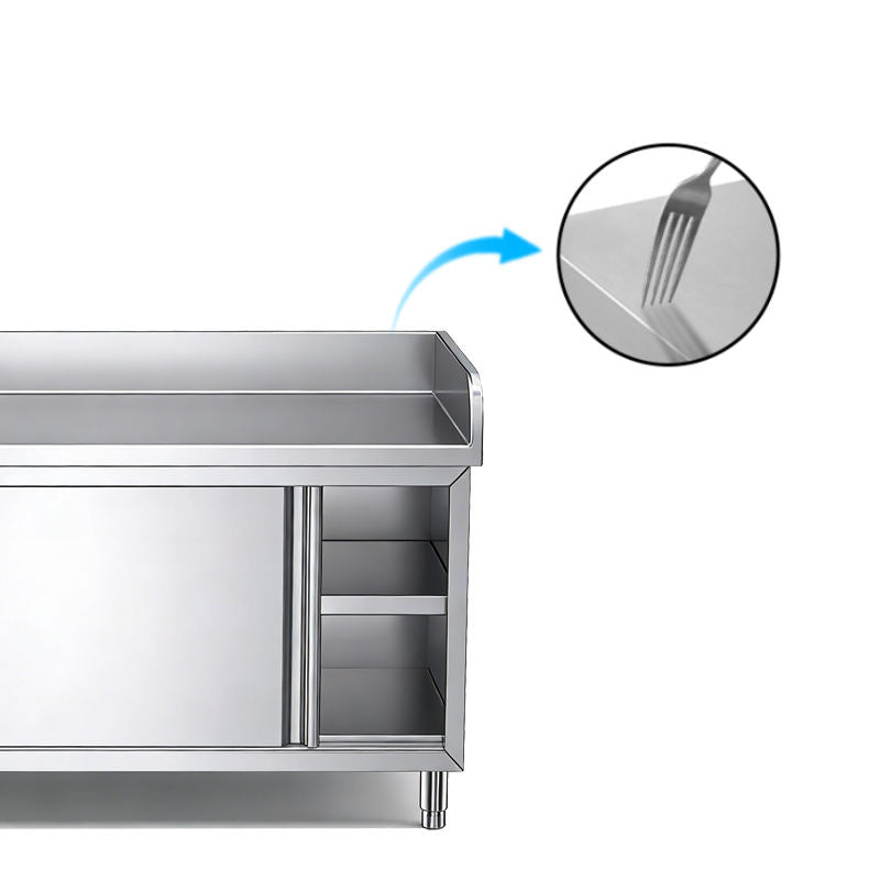 Customizable Stainless Steel Work Cabinet | 3-Sided Backsplash | Full Knock-Down Design for Low Shipping | Sliding Doors & Internal Shelf