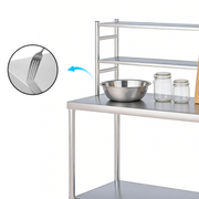 Commercial worktable with open lower frame and 2-tier over-shelf