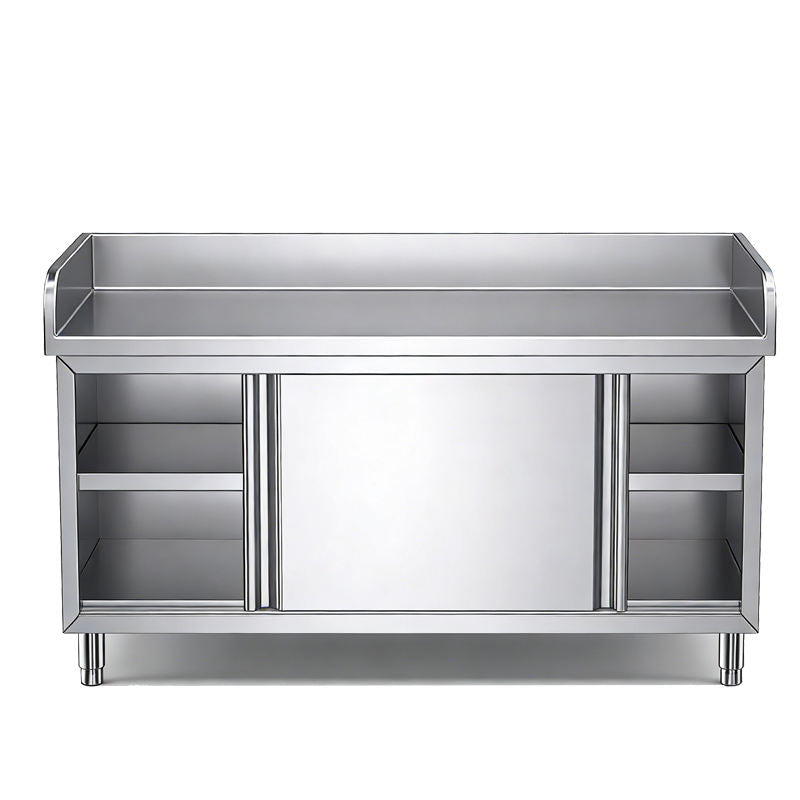 Customizable Stainless Steel Work Cabinet | 3-Sided Backsplash | Full Knock-Down Design for Low Shipping | Sliding Doors & Internal Shelf