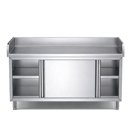 Customizable Stainless Steel Work Cabinet | 3-Sided Backsplash | Full Knock-Down Design for Low Shipping | Sliding Doors & Internal Shelf
