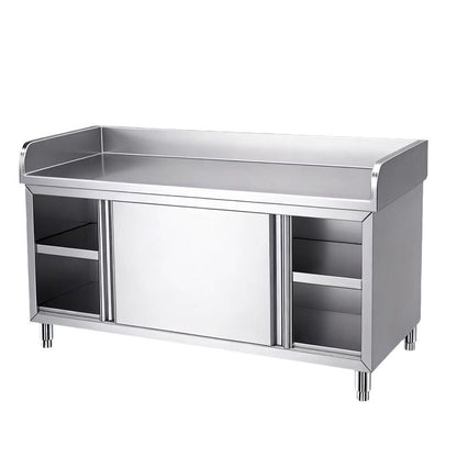 Customizable Stainless Steel Work Cabinet | 3-Sided Backsplash | Full Knock-Down Design for Low Shipping | Sliding Doors & Internal Shelf