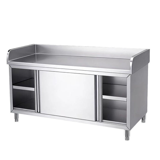 Customizable Stainless Steel Work Cabinet | 3-Sided Backsplash | Full Knock-Down Design for Low Shipping | Sliding Doors & Internal Shelf
