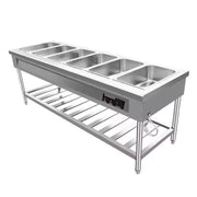 Stainless steel bain-marie table with solid undershelf and adjustable bullet feet for commercial kitchens