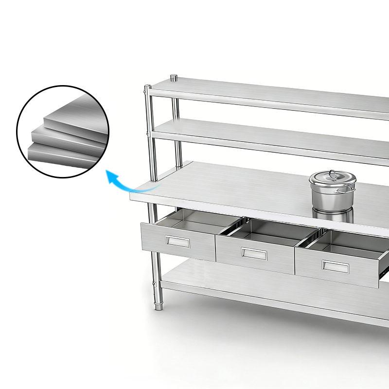 Custom Stainless Steel Worktable Station | 3 Drawers & Multi-Tier Over-shelf | Full Knock-Down Design