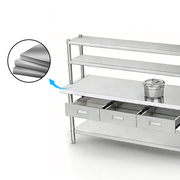 Knock-down stainless steel table with custom overhead storage