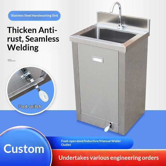 Compact Stainless Steel Sink Cabinet | Hands-Free Foot-Operated Water Flow | Integrated Storage