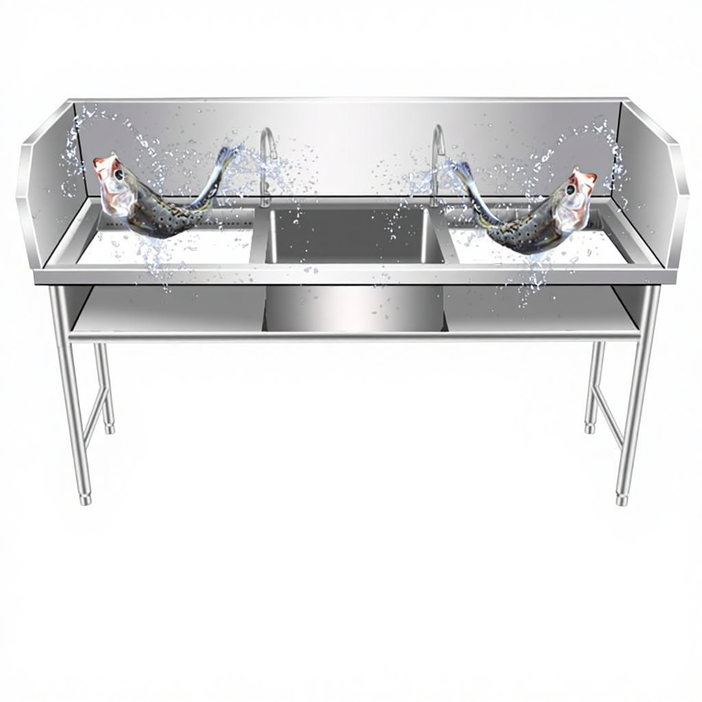 Professional Stainless Steel Fish Processing & Scaling Table | Customizable Layouts | Heavy-Duty Workstation