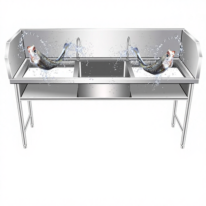 Professional Stainless Steel Fish Processing & Scaling Table | Customizable Layouts | Heavy-Duty Workstation