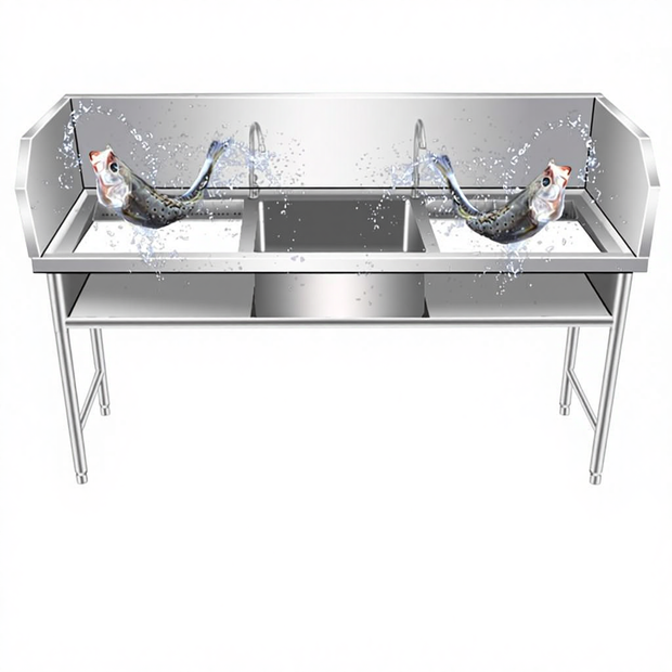 Professional Stainless Steel Fish Processing & Scaling Table | Customizable Layouts | Heavy-Duty Workstation