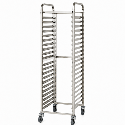 Single pan rack trolley for baking trays and food pans with stainless steel welded support rails