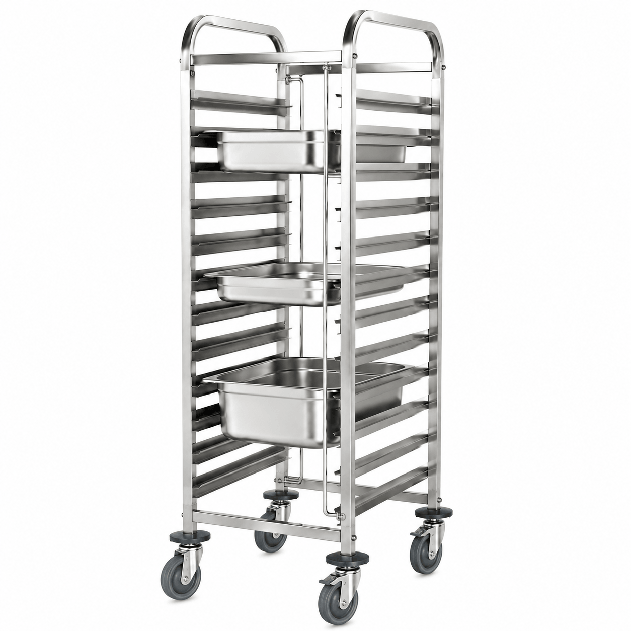 Double-row stainless steel bakery tray rack trolley for central kitchens and food processing facilities