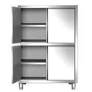 Stainless steel commercial kitchen cabinet with sliding doors and adjustable shelves