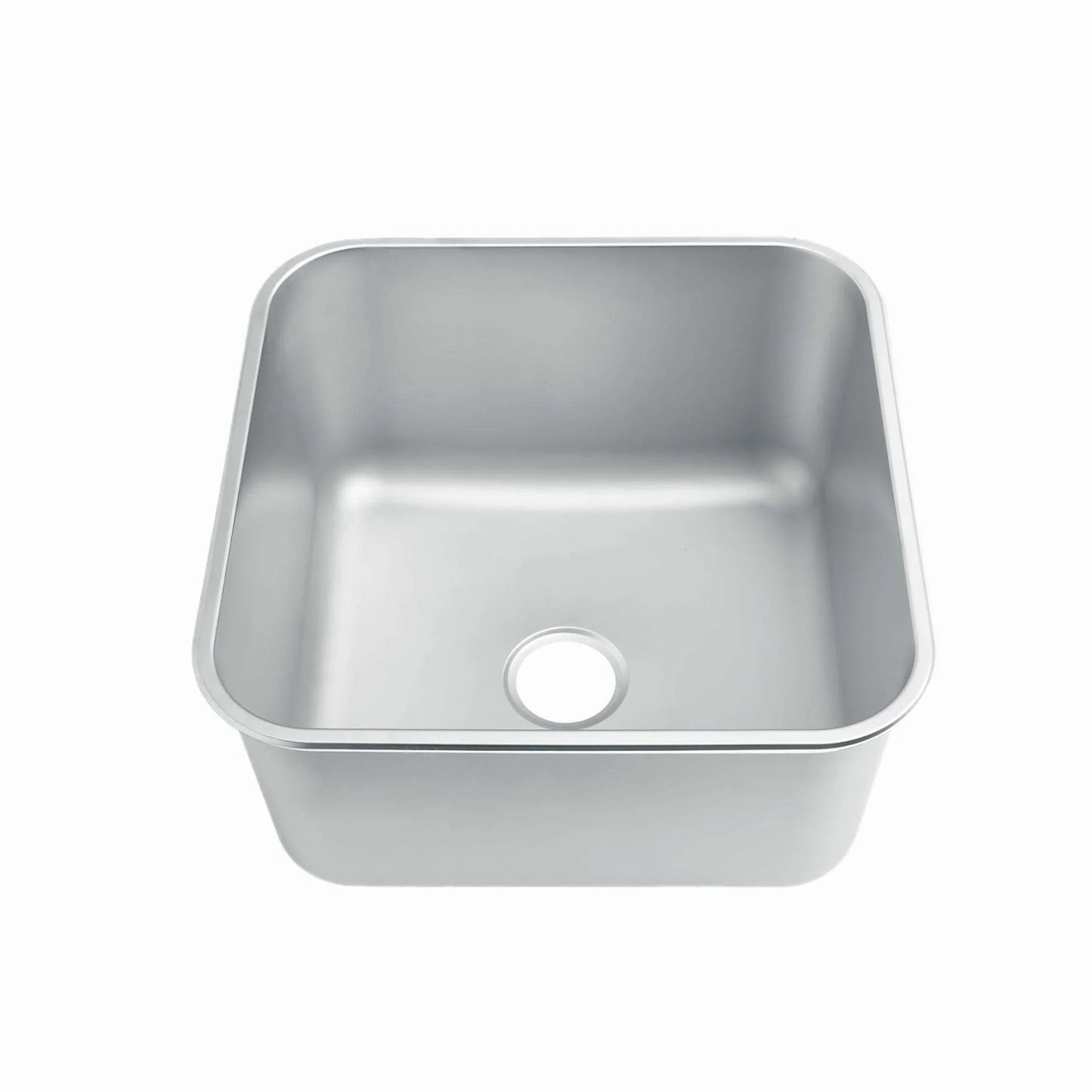 Stainless steel commercial sink with rounded corners and drain hole, ideal for industrial kitchens