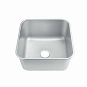 Stainless steel commercial sink with rounded corners and drain hole, ideal for industrial kitchens