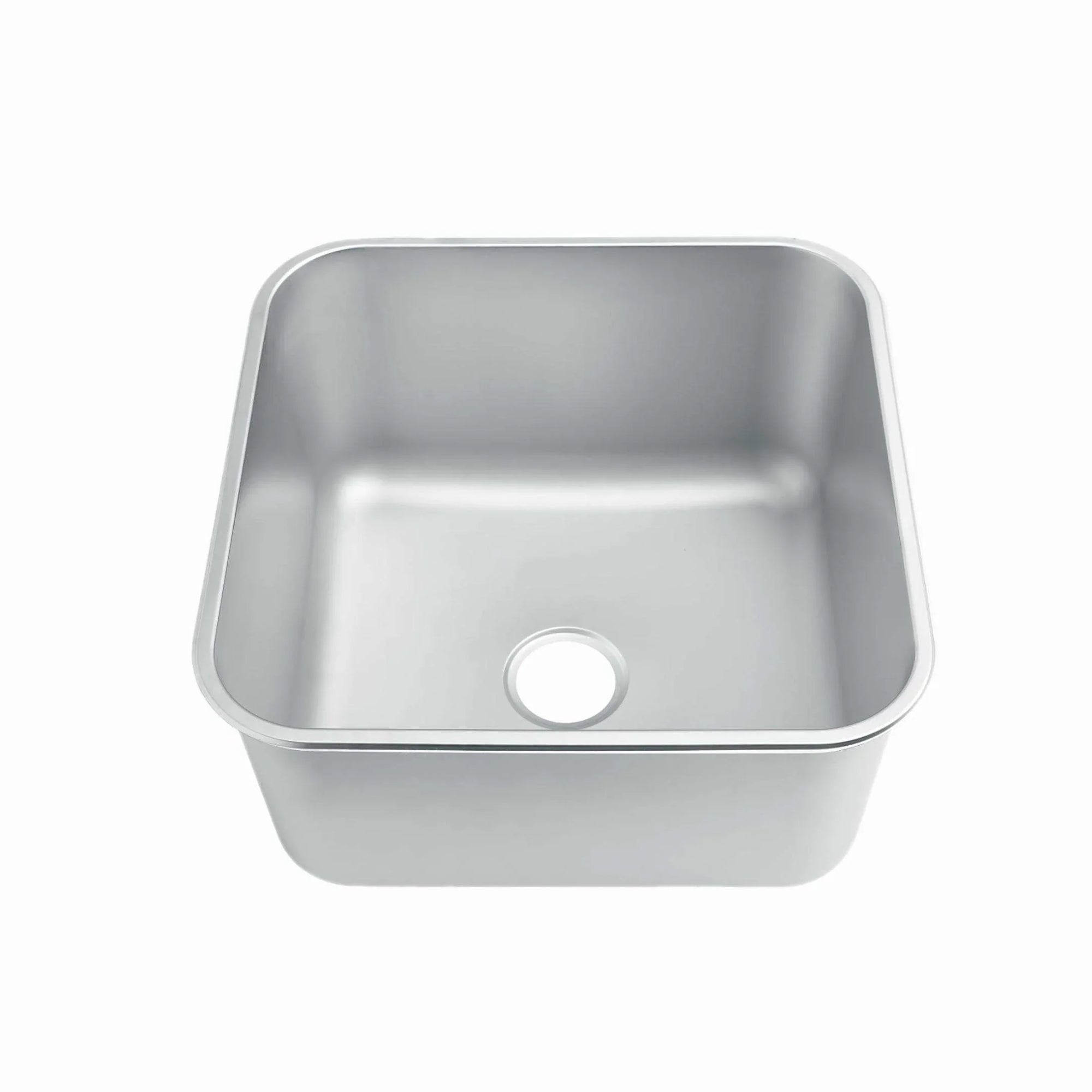 Stainless steel commercial sink with rounded corners and drain hole, ideal for industrial kitchens